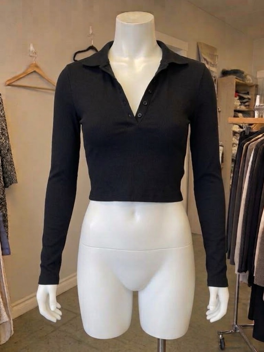 Zara Black Ribbed Collared Shirt Long Sleeve Cropped Polo Top Size L Basic